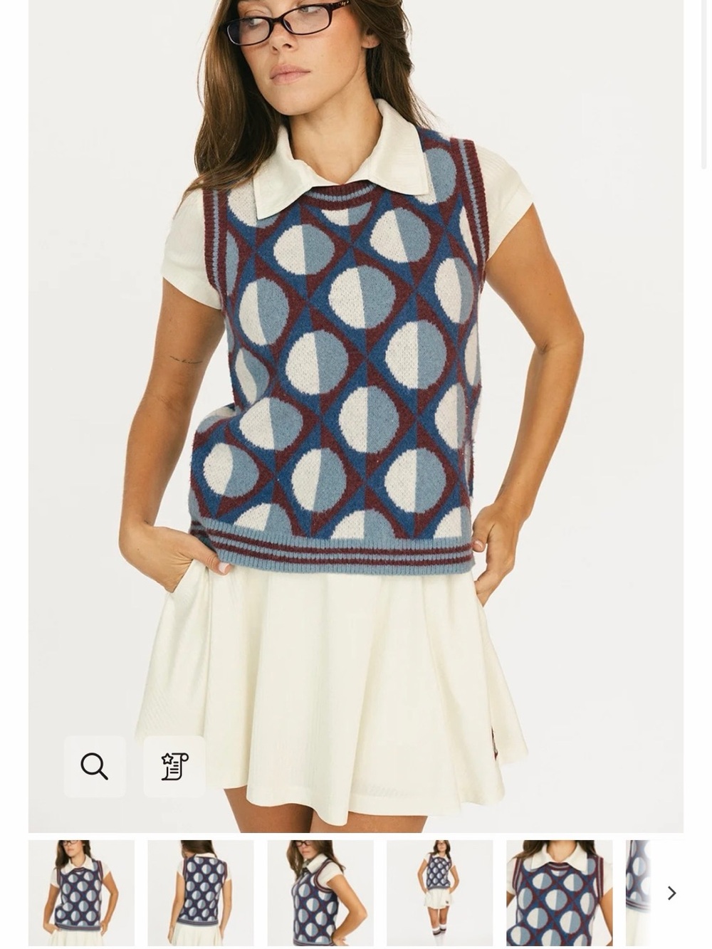 Crew-Neck Geometric Knit Sweater Vest in Blue and Cream